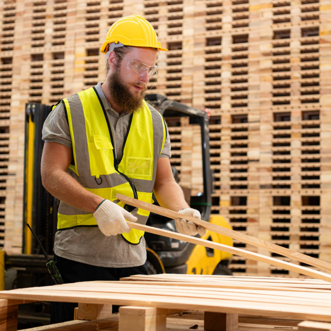 a worker assembling wooden crates 