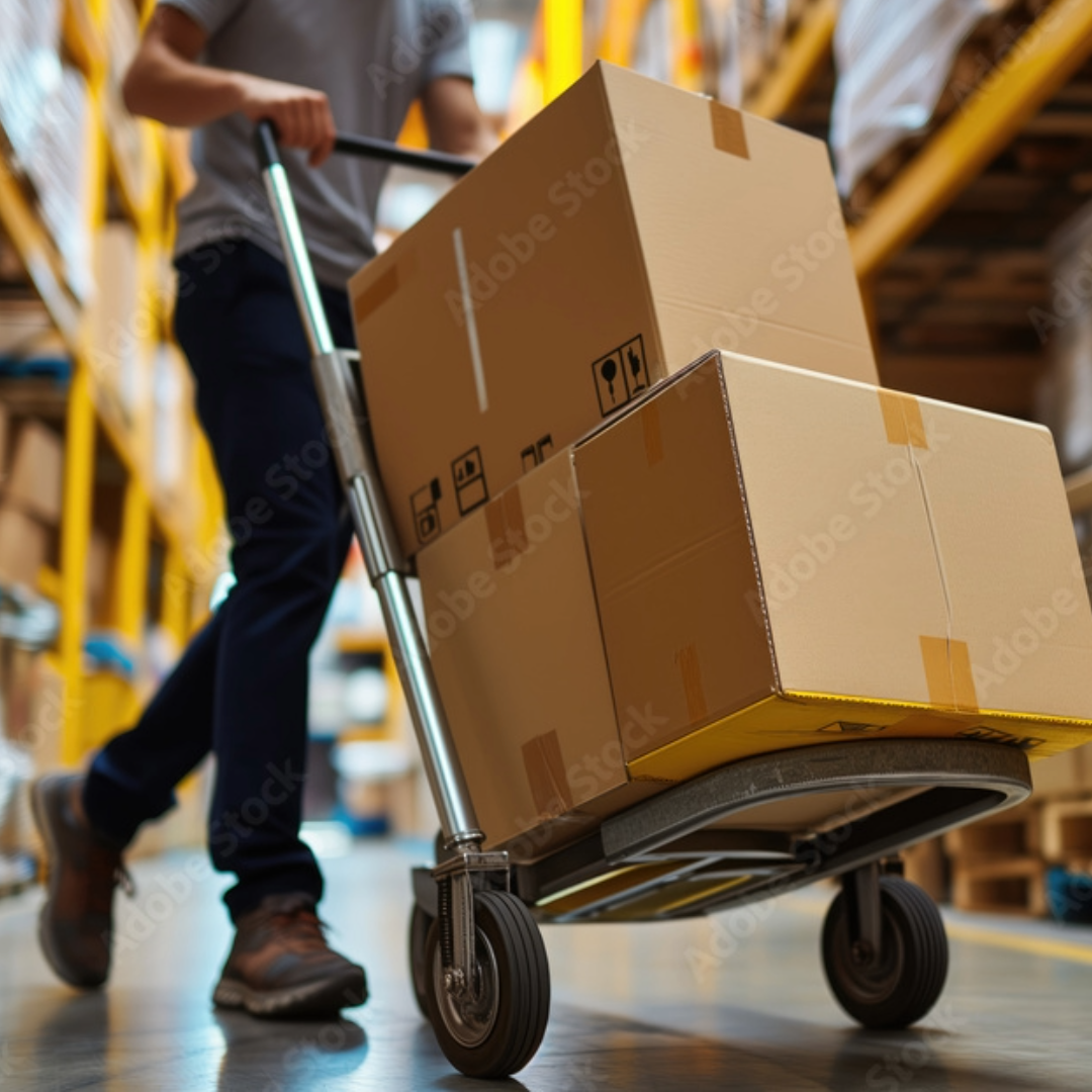 a worker pushing boxes on trolley 