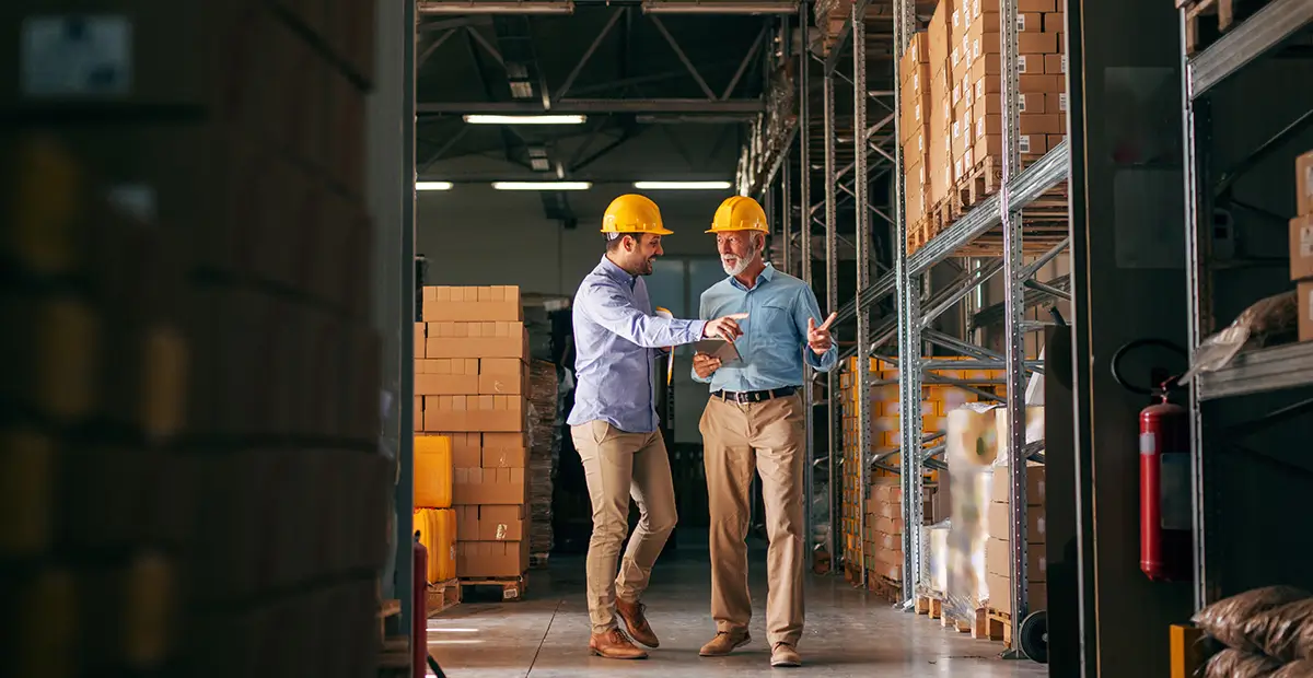 Two men with yellow hard hats talking to each other inside of warehouse