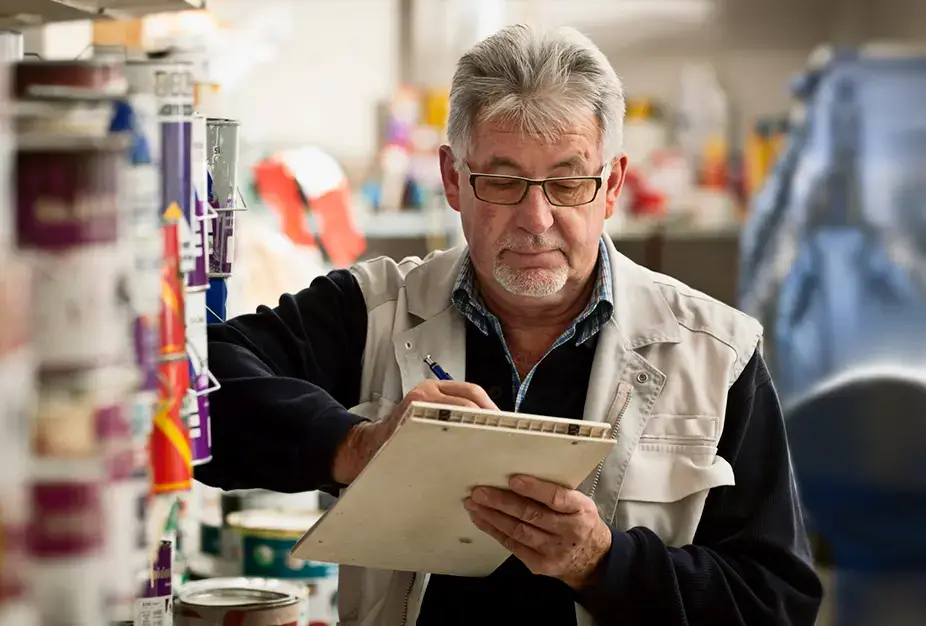 Business owner with glasses calculating costs using a notepad